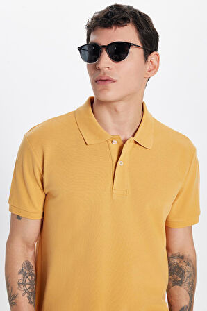 Erkek Slim Fit Dar Kesim %100 Pamuklu Sarı Renk Polo Yaka Tişört