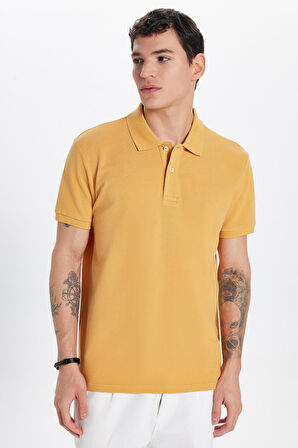 Erkek Slim Fit Dar Kesim %100 Pamuklu Sarı Renk Polo Yaka Tişört