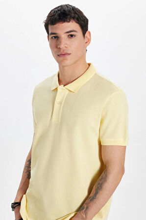 Erkek Slim Fit Dar Kesim %100 Pamuk Sarı Polo Yaka Tişört
