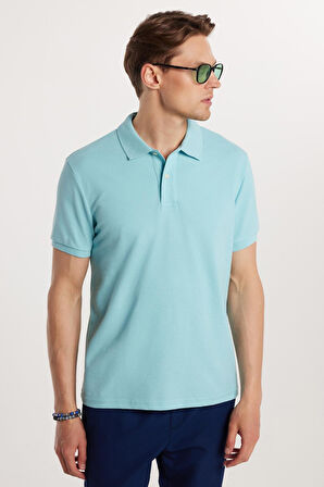 Erkek Slim Fit Dar Kesim %100 Pamuk Mavi Polo Yaka Tişört
