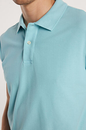 Erkek Slim Fit Dar Kesim %100 Pamuk Mavi Polo Yaka Tişört
