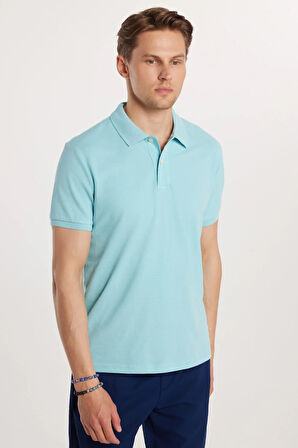 Erkek Slim Fit Dar Kesim %100 Pamuk Mavi Polo Yaka Tişört