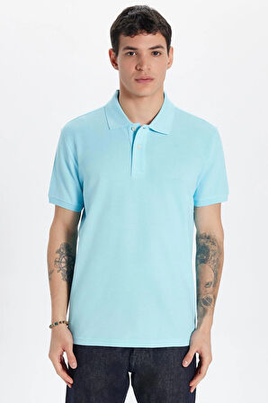 Erkek Slim Fit Dar Kesim %100 Pamuk Mavi Polo Yaka Tişört