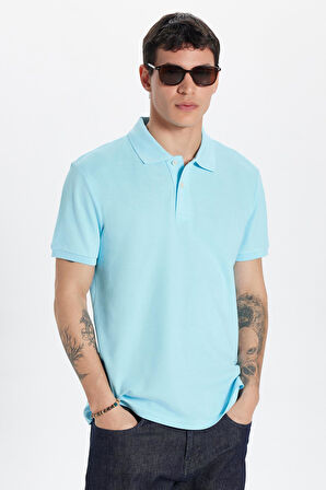 Erkek Slim Fit Dar Kesim %100 Pamuk Mavi Polo Yaka Tişört