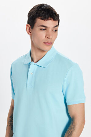 Erkek Slim Fit Dar Kesim %100 Pamuk Mavi Polo Yaka Tişört