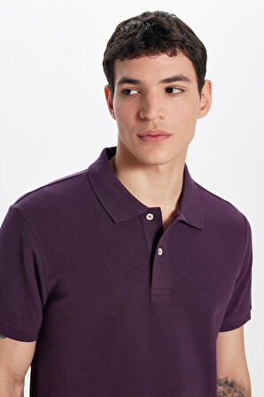 Erkek Slim Fit Dar Kesim %100 Pamuk Mürdüm Polo Yaka Tişört