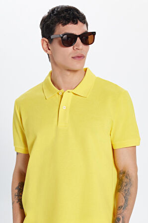 Erkek Slim Fit Dar Kesim %100 Pamuk Sarı Polo Yaka Tişört