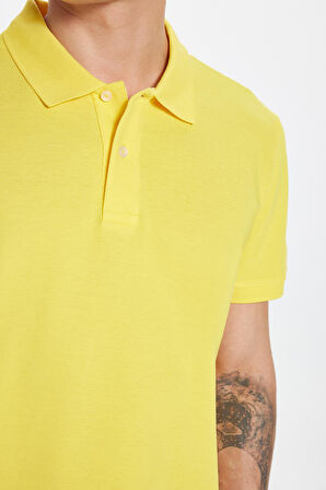 Erkek Slim Fit Dar Kesim %100 Pamuk Sarı Polo Yaka Tişört