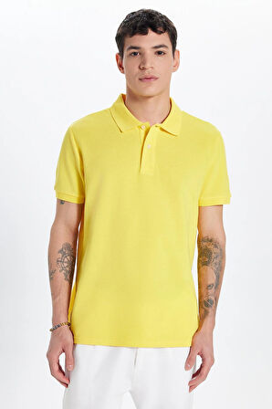 Erkek Slim Fit Dar Kesim %100 Pamuk Sarı Polo Yaka Tişört