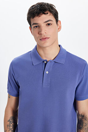 Erkek Slim Fit Dar Kesim %100 Pamuk Koyu Lila Polo Yaka Tişört