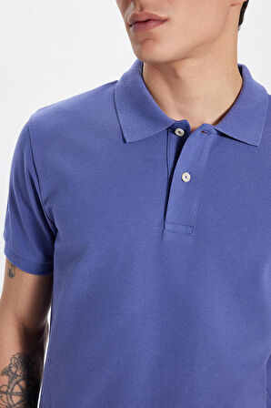 Erkek Slim Fit Dar Kesim %100 Pamuk Koyu Lila Polo Yaka Tişört