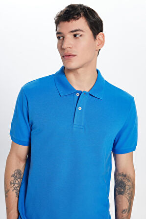Erkek Slim Fit Dar Kesim %100 Pamuk İndigo Polo Yaka Tişört