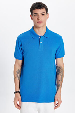 Erkek Slim Fit Dar Kesim %100 Pamuk İndigo Polo Yaka Tişört