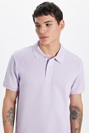 Erkek Slim Fit Dar Kesim %100 Pamuk Lila Polo Yaka Tişört