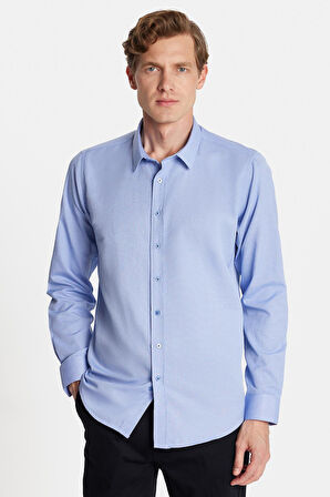 Modern Slim Fit Uzun Kollu Pamuklu Kolay Ütü Armürlü Mavi Erkek Gömlek