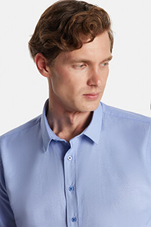 Modern Slim Fit Uzun Kollu Pamuklu Kolay Ütü Armürlü Mavi Erkek Gömlek