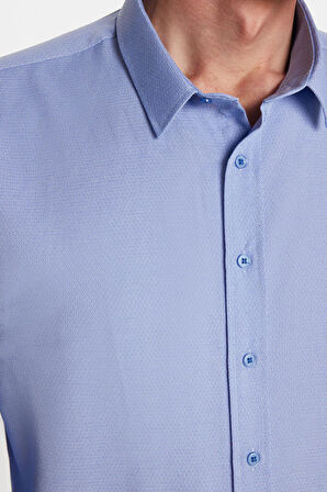 Modern Slim Fit Uzun Kollu Pamuklu Kolay Ütü Armürlü Mavi Erkek Gömlek