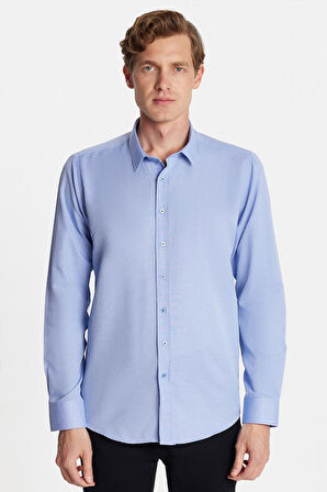 Modern Slim Fit Uzun Kollu Pamuklu Kolay Ütü Armürlü Mavi Erkek Gömlek
