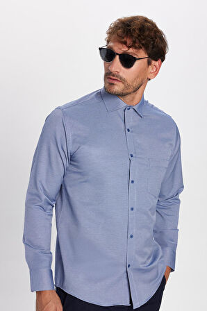 Erkek Regular Fit Klasik Kesim Tek Cepli Kravatlık Armürlü Gömlek