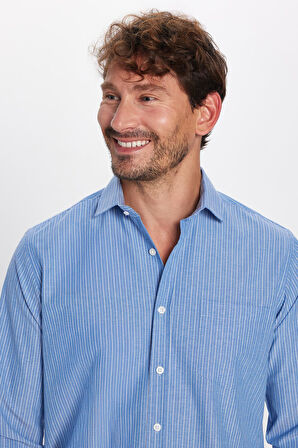 Erkek Regular Fit Klasik Kesim İnce Çizgili Pamuklu Kravatlık Yaka Gömlek