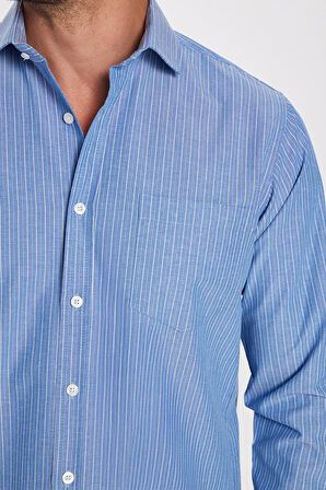 Erkek Regular Fit Klasik Kesim İnce Çizgili Pamuklu Kravatlık Yaka Gömlek