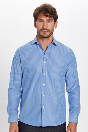 Erkek Regular Fit Klasik Kesim İnce Çizgili Pamuklu Kravatlık Yaka Gömlek