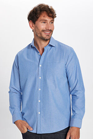 Erkek Regular Fit Klasik Kesim İnce Çizgili Pamuklu Kravatlık Yaka Gömlek