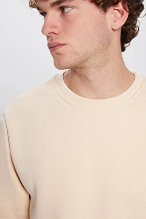 Unisex Oversize Geniş Kesim Pamuklu Yumuşak Dokulu İçi Polarlı Bej Renk Bisiklet Yaka Sweatshirt