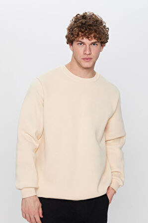 Unisex Oversize Geniş Kesim Pamuklu Yumuşak Dokulu İçi Polarlı Bej Renk Bisiklet Yaka Sweatshirt