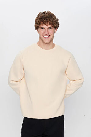 Unisex Oversize Geniş Kesim Pamuklu Yumuşak Dokulu İçi Polarlı Bej Renk Bisiklet Yaka Sweatshirt