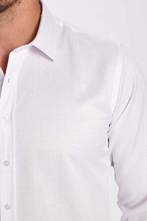 Erkek Modern Fit Dar Kesim Pamuklu Kolay Ütü Armürlü Beyaz Gömlek