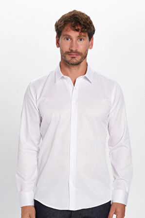 Erkek Modern Fit Dar Kesim Pamuklu Kolay Ütü Armürlü Beyaz Gömlek