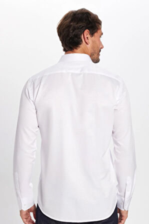 Erkek Modern Fit Dar Kesim Pamuklu Kolay Ütü Armürlü Beyaz Gömlek