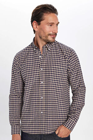 Erkek Regular Fit Klasik Kesim Düğmeli Yaka Küçük Kareli Pamuklu Gömlek