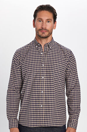 Erkek Regular Fit Klasik Kesim Düğmeli Yaka Küçük Kareli Pamuklu Gömlek