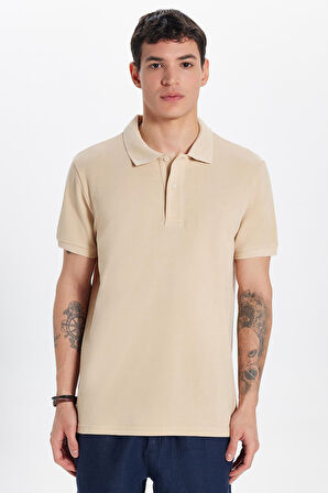 Erkek Slim Fit Dar Kesim %100 Pamuk Bej Polo Yaka Tişört