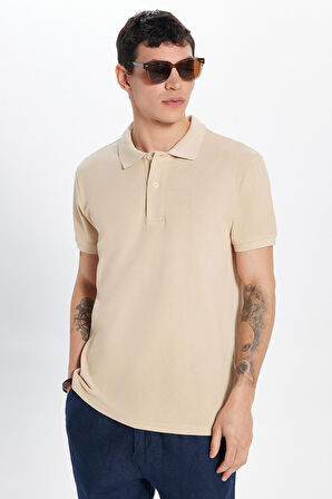 Erkek Slim Fit Dar Kesim %100 Pamuk Bej Polo Yaka Tişört