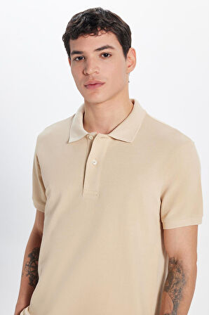 Erkek Slim Fit Dar Kesim %100 Pamuk Bej Polo Yaka Tişört
