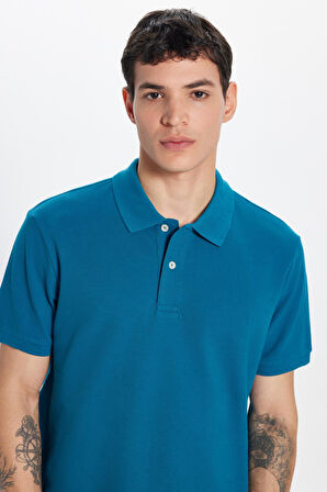 Erkek Slim Fit Dar Kesim %100 Pamuk Mavi Polo Yaka Tişört