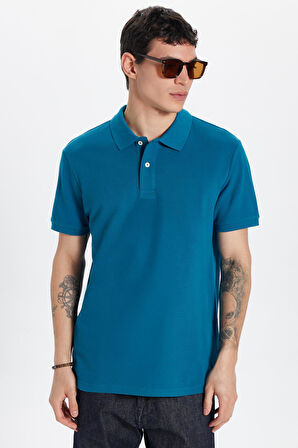 Erkek Slim Fit Dar Kesim %100 Pamuk Mavi Polo Yaka Tişört