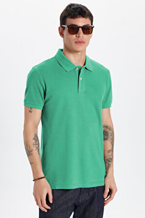Erkek Slim Fit Dar Kesim %100 Pamuk Yeşil Polo Yaka Tişört
