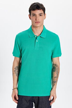 Erkek Slim Fit Dar Kesim %100 Pamuk Yeşil Polo Yaka Tişört