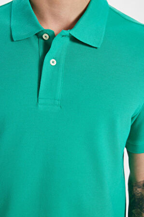Erkek Slim Fit Dar Kesim %100 Pamuk Yeşil Polo Yaka Tişört