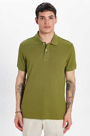 Erkek Slim Fit Dar Kesim %100 Pamuk Haki Polo Yaka Tişört
