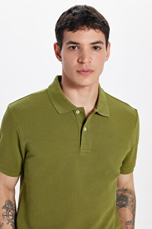 Erkek Slim Fit Dar Kesim %100 Pamuk Haki Polo Yaka Tişört