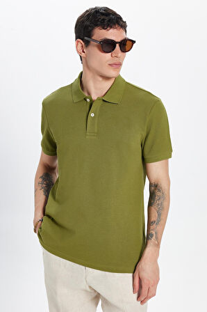 Erkek Slim Fit Dar Kesim %100 Pamuk Haki Polo Yaka Tişört
