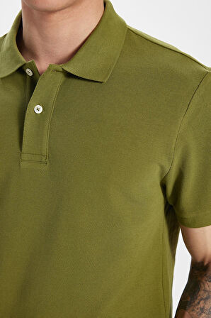 Erkek Slim Fit Dar Kesim %100 Pamuk Haki Polo Yaka Tişört