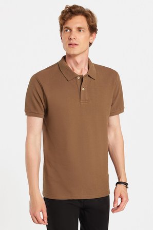 Erkek Slim Fit Dar Kesim %100 Pamuk Kahverengi Polo Yaka Tişört