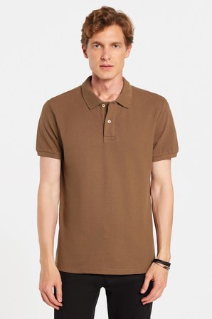 Erkek Slim Fit Dar Kesim %100 Pamuk Kahverengi Polo Yaka Tişört