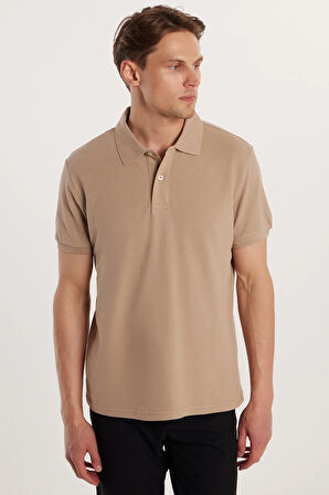 Erkek Slim Fit Dar Kesim %100 Pamuk Bej Polo Yaka Tişört